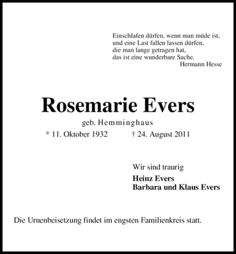  Traueranzeige für Rosemarie Evers vom 27.08.2011 aus WESER-KURIER