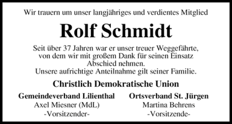  Traueranzeige für Rolf Schmidt vom 03.12.2011 aus WESER-KURIER