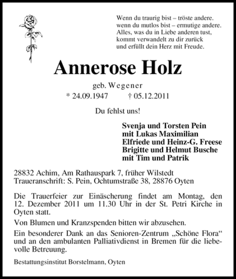 Traueranzeigen Von Annerose Holz Trauer Gedenken