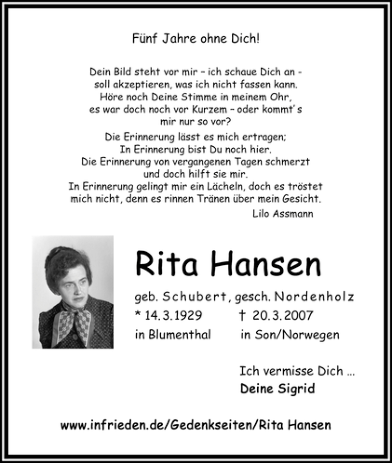  Traueranzeige für Rita Hansen, gesch.Nordenholz vom 20.03.2012 aus WESER-KURIER