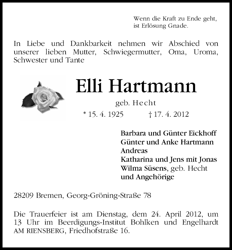  Traueranzeige für Elli Hartmann vom 21.04.2012 aus WESER-KURIER