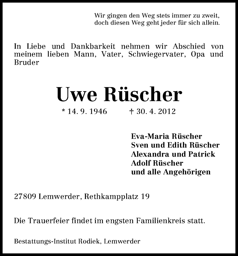  Traueranzeige für Uwe Rüscher vom 03.05.2012 aus WESER-KURIER