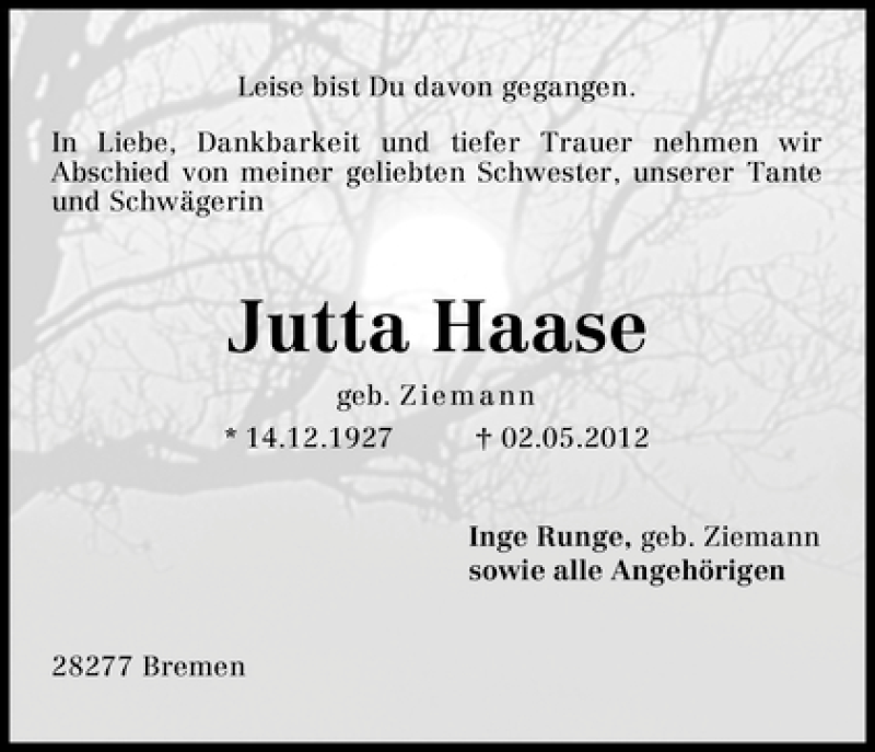 Traueranzeige von Jutta Hasse von WESER-KURIER