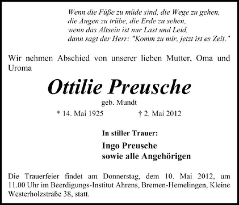 Traueranzeige von Ottilie Preusche von WESER-KURIER