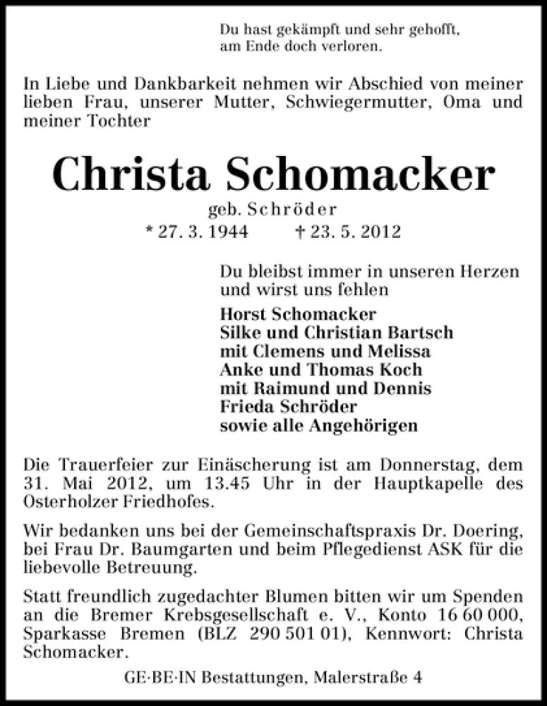  Traueranzeige für Christa Schomacker vom 26.05.2012 aus WESER-KURIER