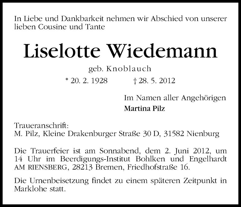 Traueranzeigen Von Liselotte Wiedemann Trauer Gedenken