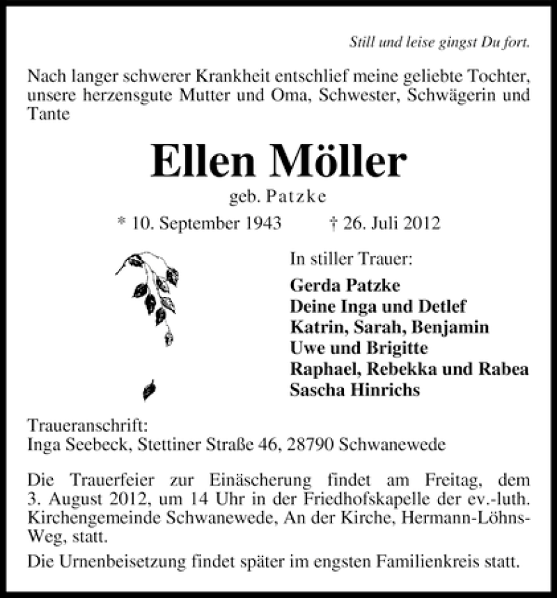  Traueranzeige für Ellen Möller vom 01.08.2012 aus WESER-KURIER