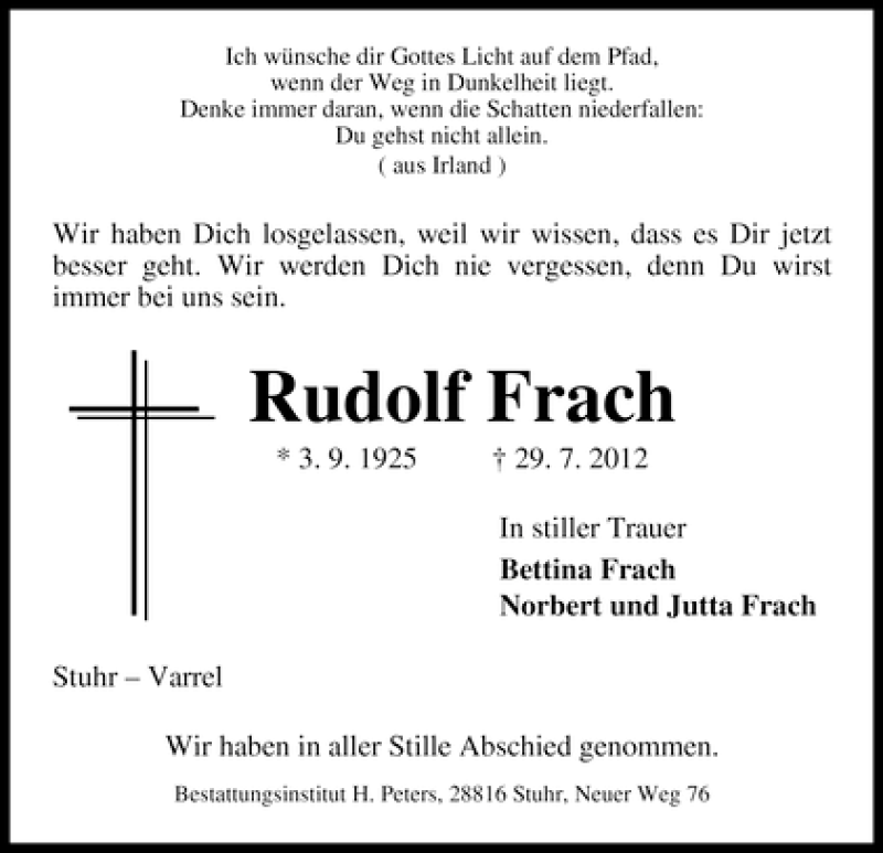  Traueranzeige für Rudolf Frach vom 11.08.2012 aus WESER-KURIER