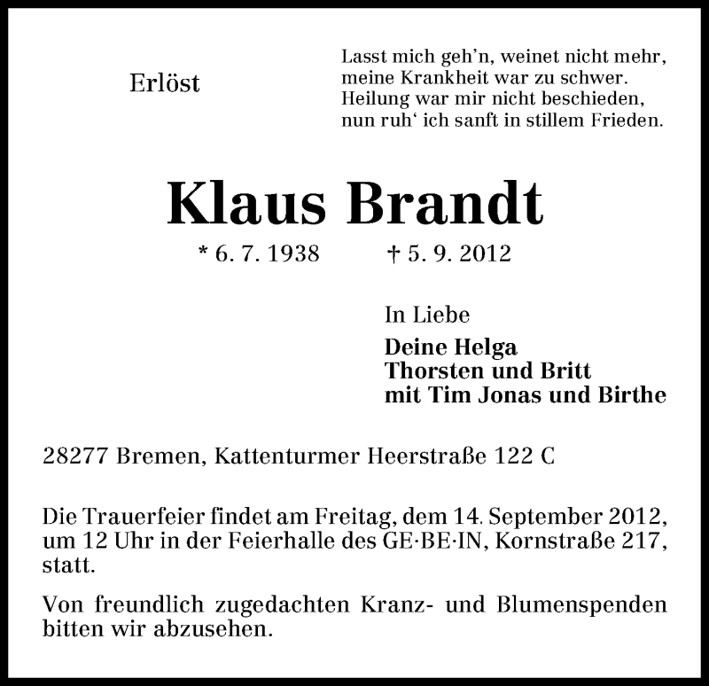 Traueranzeigen Von Klaus Brandt Trauer Gedenken