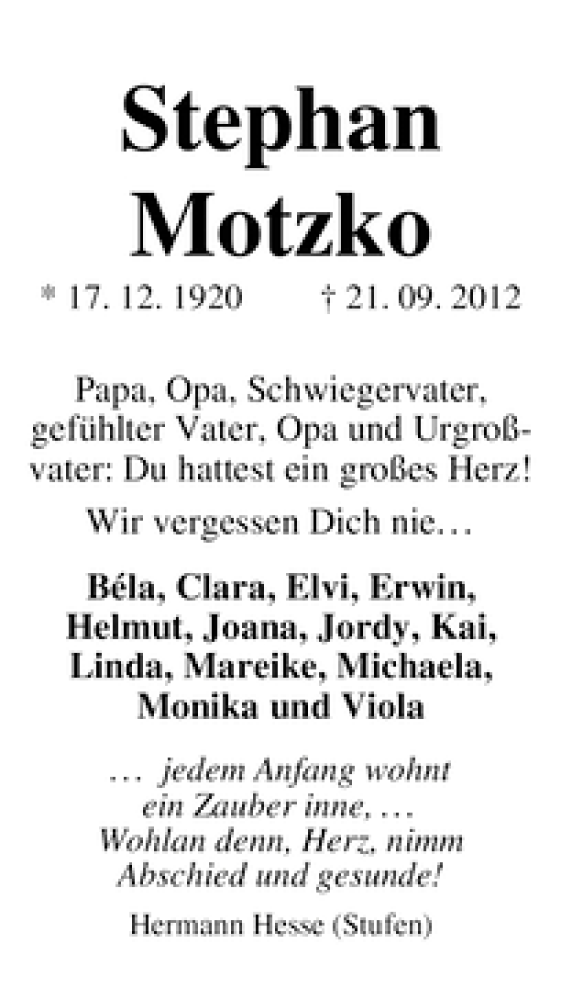  Traueranzeige für Stephan Motzko vom 22.09.2012 aus WESER-KURIER