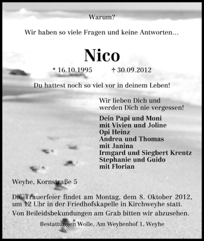  Traueranzeige für Nico Kück vom 04.10.2012 aus WESER-KURIER