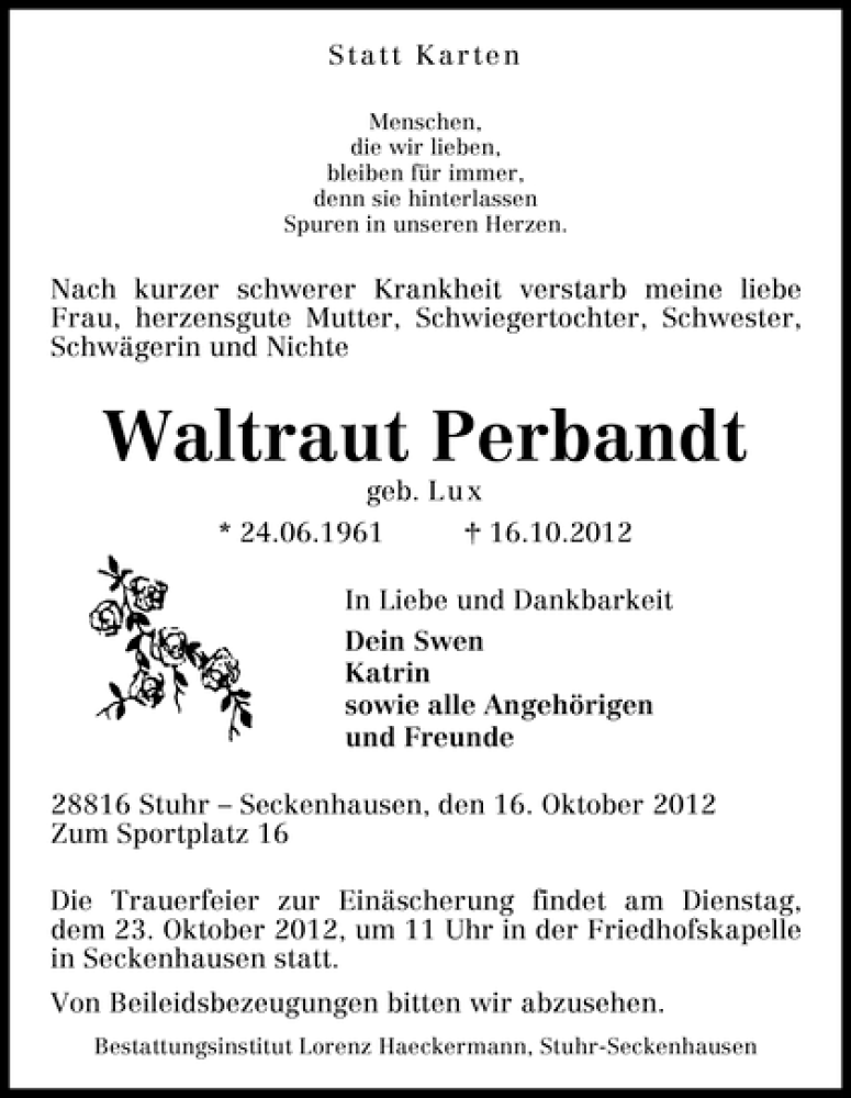  Traueranzeige für Waltraut Perbandt vom 18.10.2012 aus WESER-KURIER