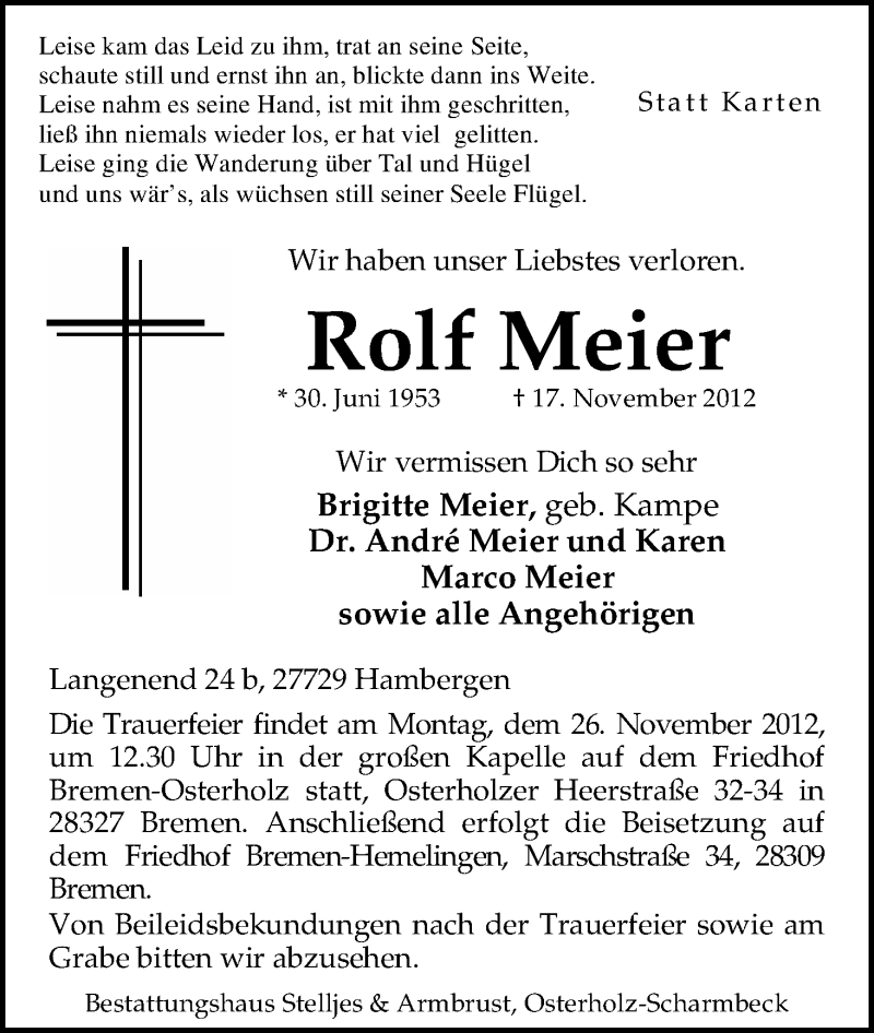  Traueranzeige für Rolf Meier vom 20.11.2012 aus WESER-KURIER