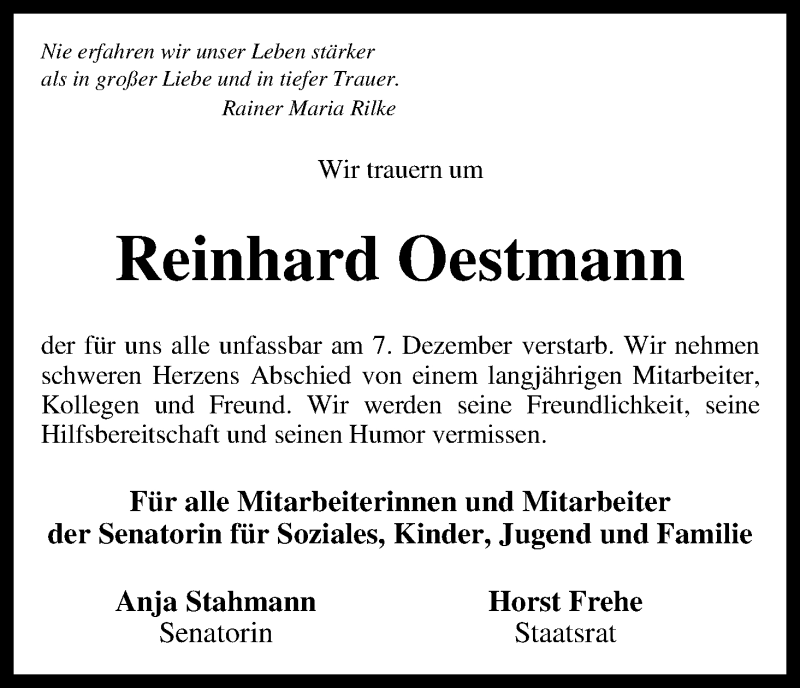  Traueranzeige für Reinhard Oestmann vom 15.12.2012 aus WESER-KURIER
