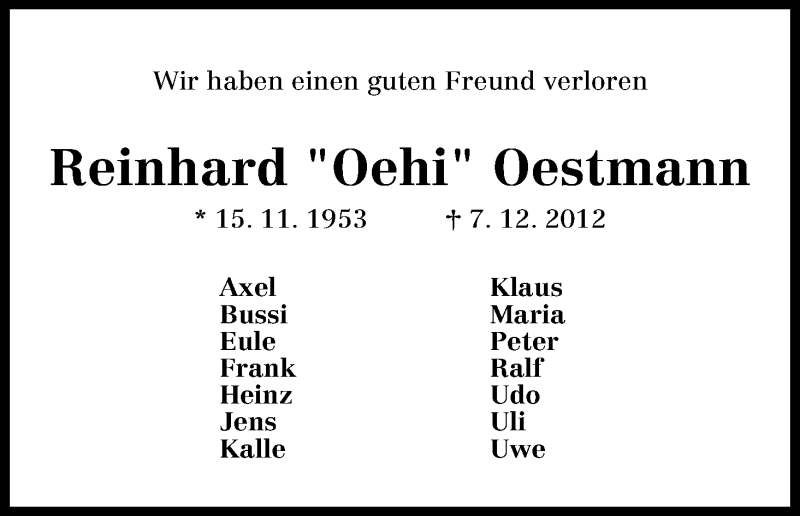  Traueranzeige für Reinhard Oestmann vom 15.12.2012 aus WESER-KURIER