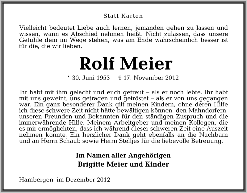  Traueranzeige für Rolf Meier vom 29.12.2012 aus WESER-KURIER
