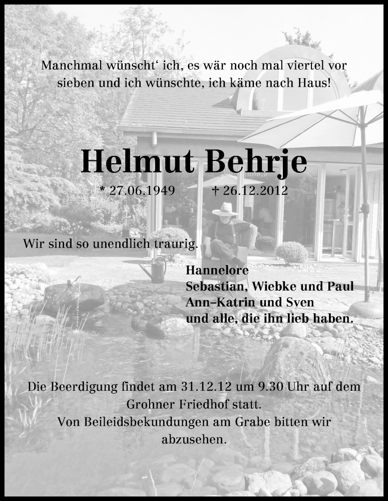  Traueranzeige für Helmut Behrje vom 29.12.2012 aus WESER-KURIER