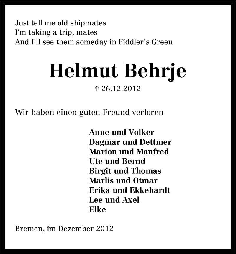  Traueranzeige für Helmut Behrje vom 31.12.2012 aus WESER-KURIER