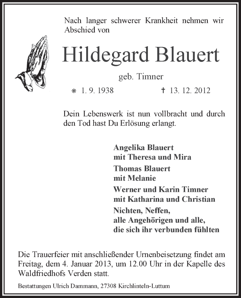  Traueranzeige für Hildegard Blauert vom 31.12.2012 aus WESER-KURIER