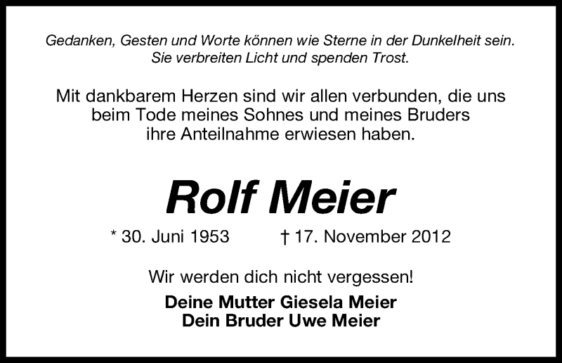  Traueranzeige für Rolf Meier vom 02.01.2013 aus WESER-KURIER
