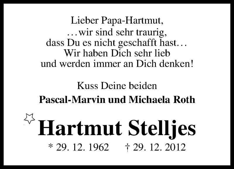  Traueranzeige für Hartmut Stelljes vom 05.01.2013 aus WESER-KURIER