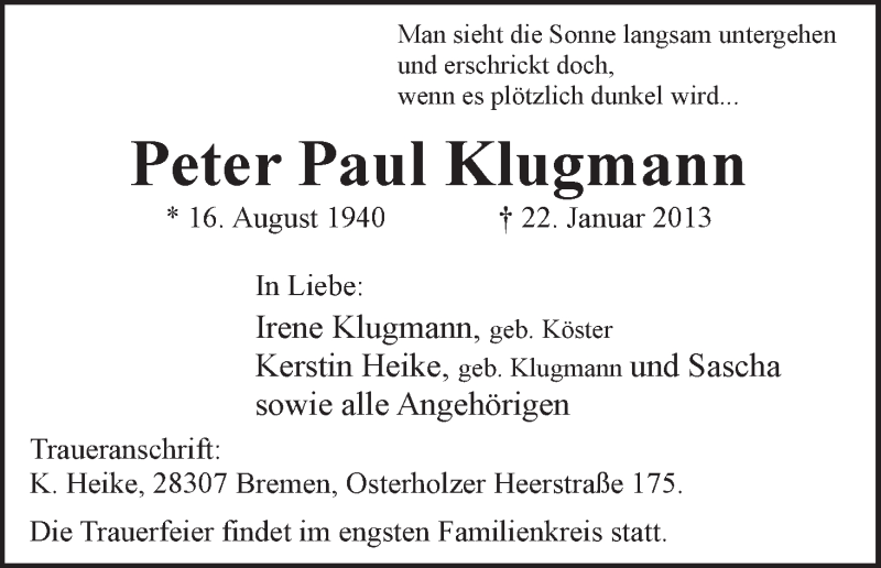  Traueranzeige für Peter Paul Klugmann vom 26.01.2013 aus WESER-KURIER