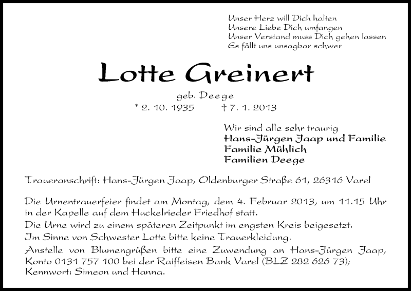  Traueranzeige für Lotte Greinert vom 26.01.2013 aus WESER-KURIER