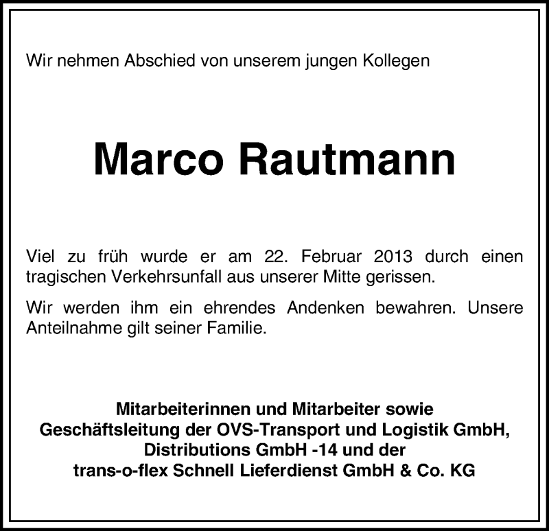  Traueranzeige für Marco Rautmann vom 27.02.2013 aus WESER-KURIER