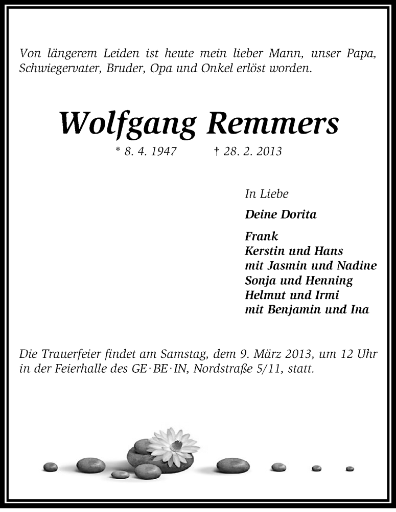  Traueranzeige für Wolfgang Remmers vom 06.03.2013 aus WESER-KURIER