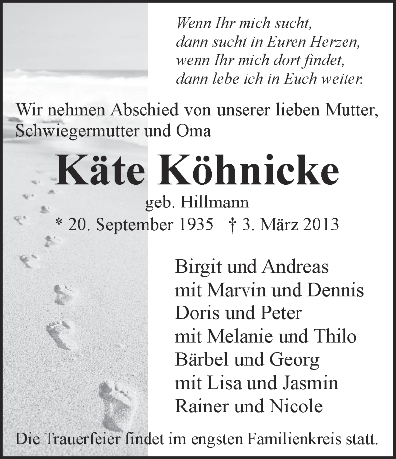  Traueranzeige für Käte Köhnicke vom 06.03.2013 aus WESER-KURIER