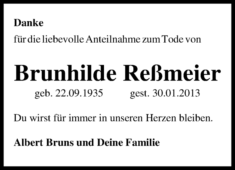  Traueranzeige für Brunhilde Reßmeier vom 09.03.2013 aus WESER-KURIER