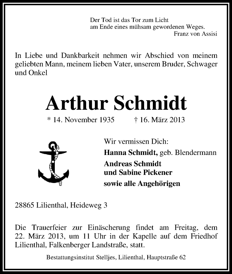 Traueranzeigen Von Arthur Schmidt Trauer Gedenken