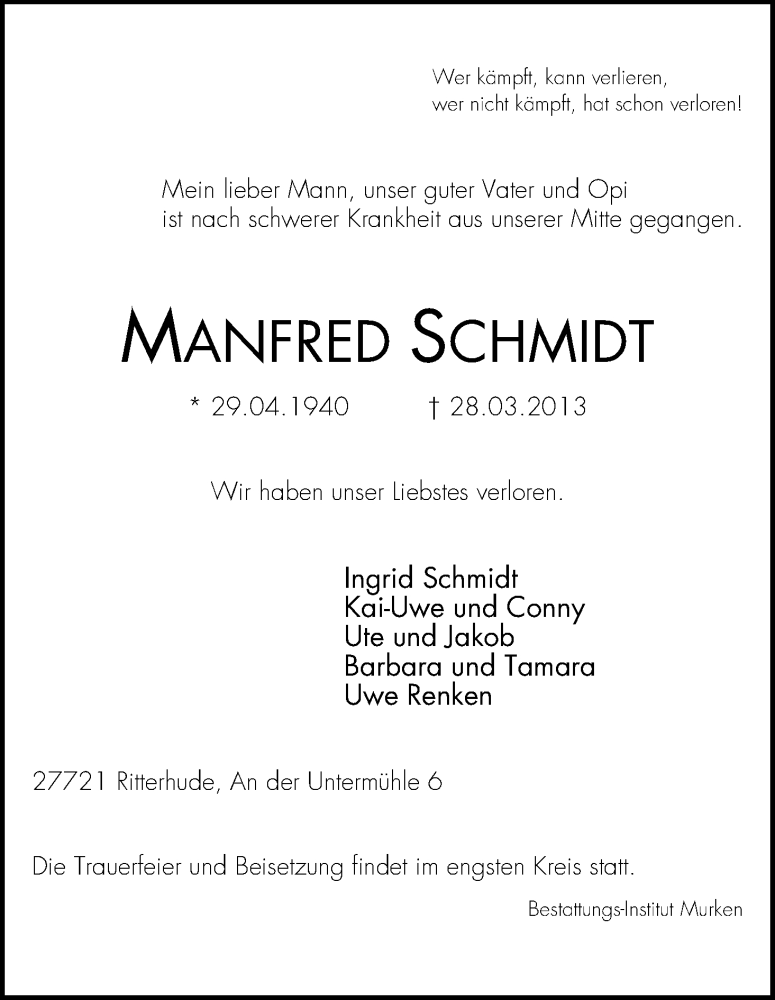  Traueranzeige für Manfred Schmidt vom 02.04.2013 aus WESER-KURIER