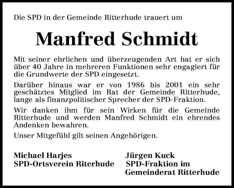  Traueranzeige für Manfred Schmidt vom 03.04.2013 aus WESER-KURIER
