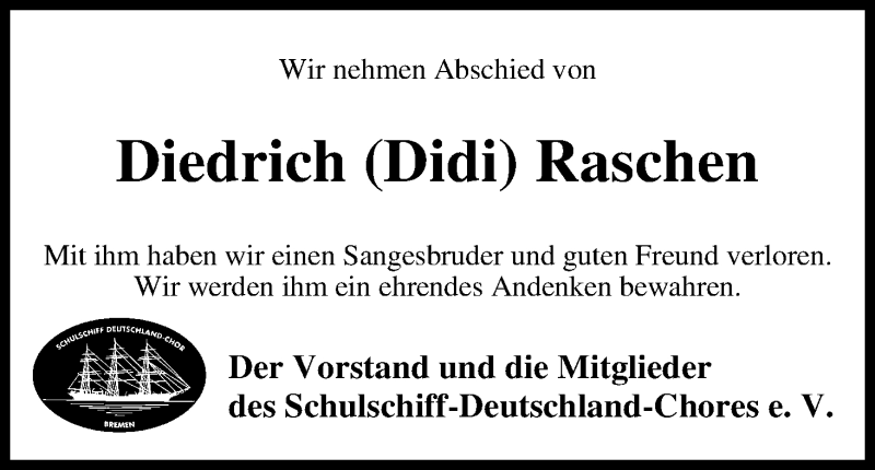  Traueranzeige für Diedrich Raschen vom 16.05.2013 aus WESER-KURIER