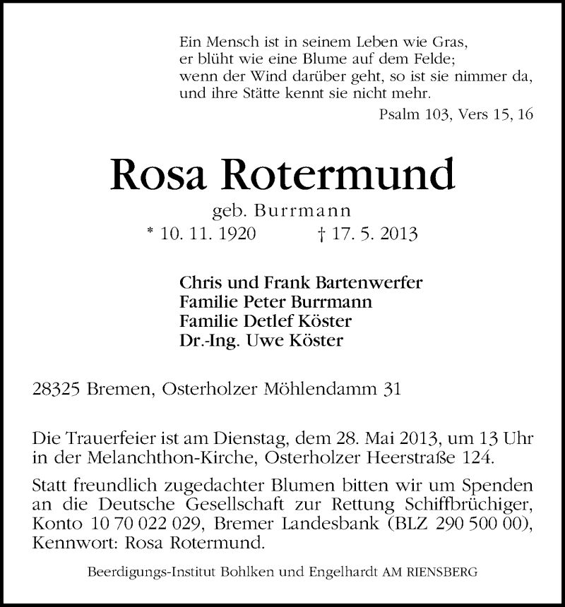 Traueranzeige von Rosa Rotermund von WESER-KURIER