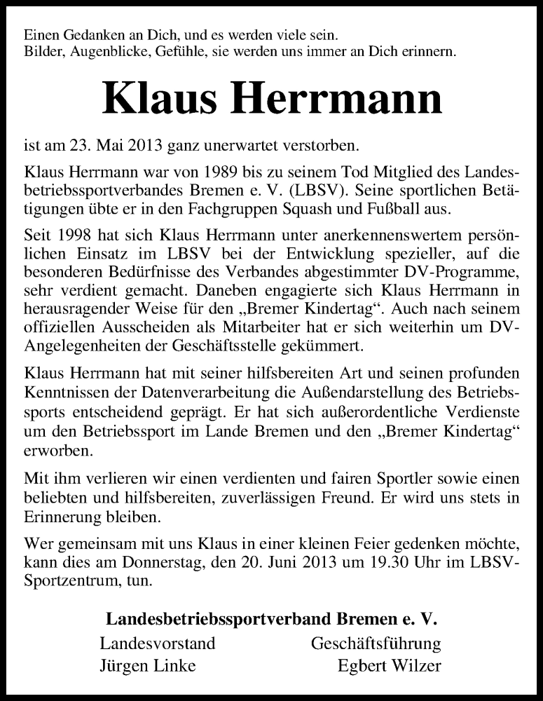  Traueranzeige für Klaus Herrmann vom 08.06.2013 aus WESER-KURIER