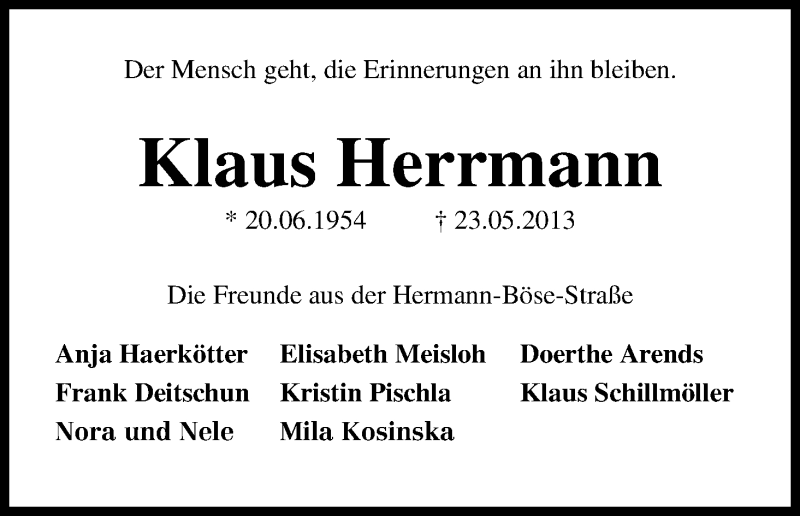  Traueranzeige für Klaus Herrmann vom 08.06.2013 aus WESER-KURIER