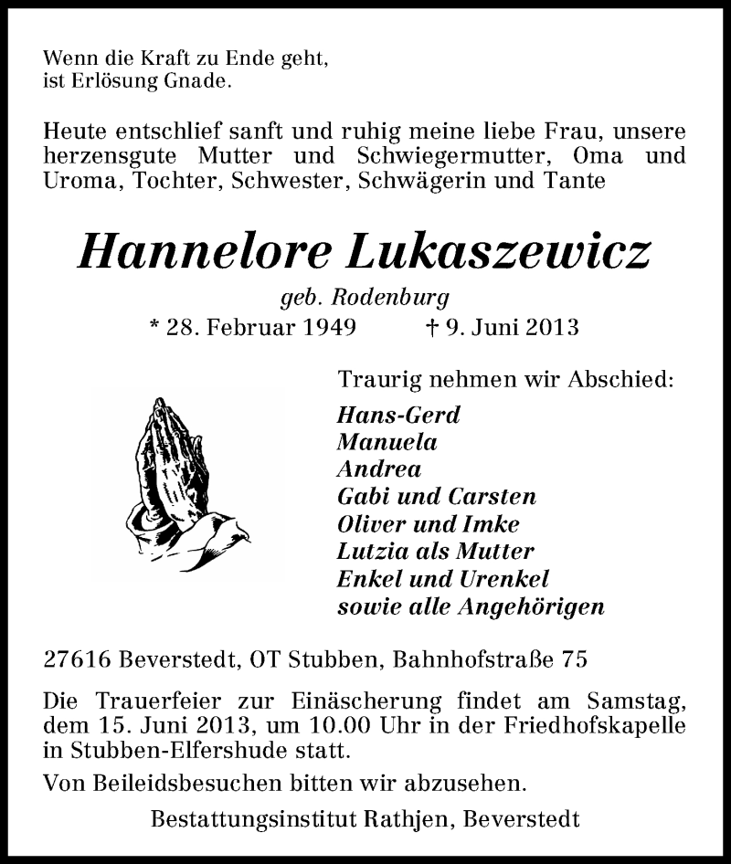  Traueranzeige für Hannelore Lukaszewicz vom 11.06.2013 aus WESER-KURIER