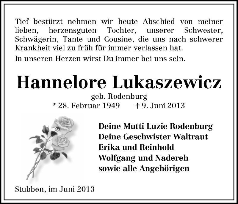  Traueranzeige für Hannelore Lukaszewicz vom 15.06.2013 aus WESER-KURIER
