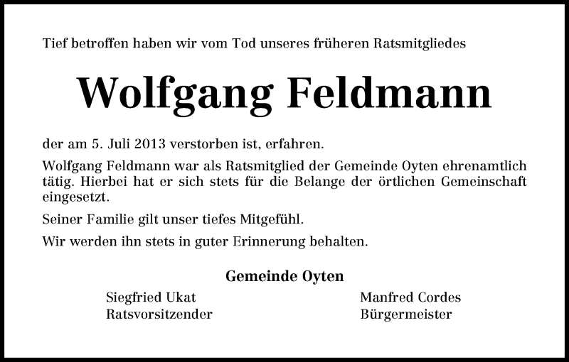 Traueranzeigen Von Wolfgang Feldmann Trauer Gedenken