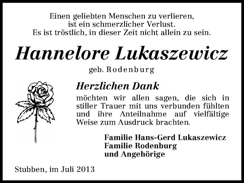 Traueranzeige für Hannelore Lukaszewicz vom 20.07.2013 aus WESER-KURIER