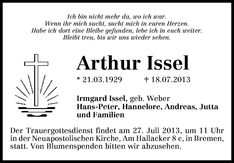  Traueranzeige für Arthur Issel vom 20.07.2013 aus WESER-KURIER