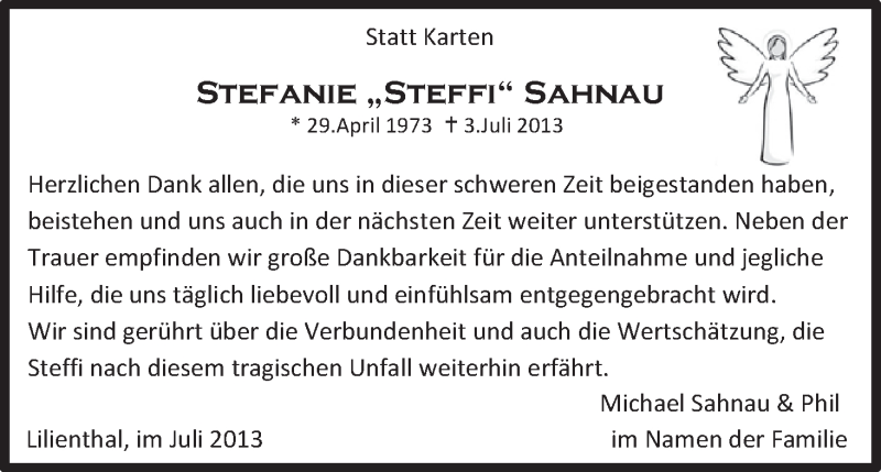  Traueranzeige für Stefanie Sahnau vom 27.07.2013 aus WESER-KURIER