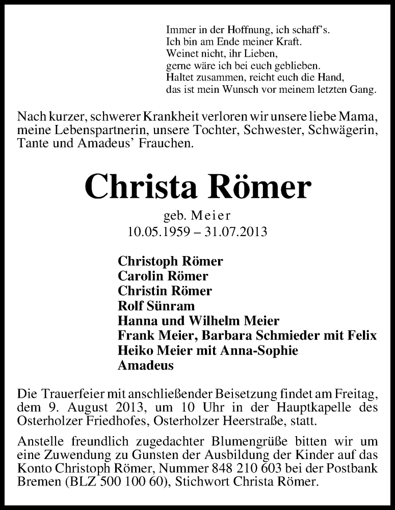  Traueranzeige für Christa Römer vom 06.08.2013 aus WESER-KURIER