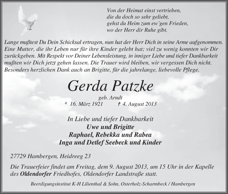  Traueranzeige für Gerda Patzke vom 07.08.2013 aus WESER-KURIER