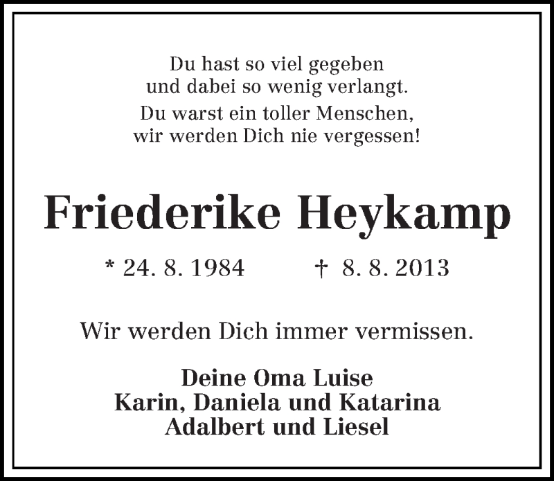  Traueranzeige für Friederike Heykamp vom 28.08.2013 aus WESER-KURIER