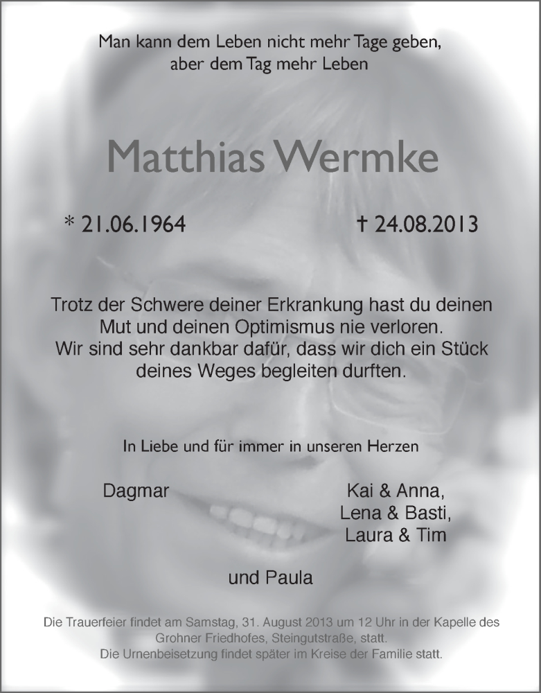  Traueranzeige für Matthias Wermke vom 28.08.2013 aus WESER-KURIER