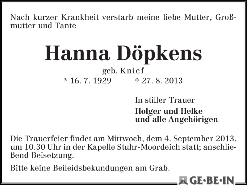  Traueranzeige für Hanna Döpkens vom 31.08.2013 aus WESER-KURIER