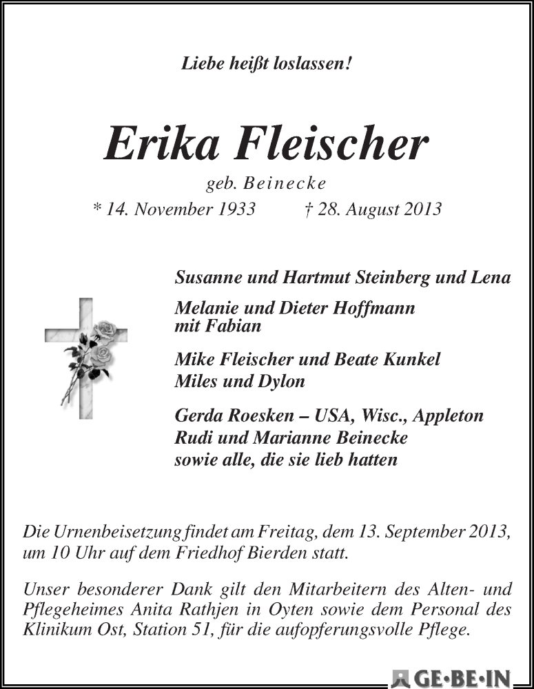  Traueranzeige für Erika Fleischer vom 31.08.2013 aus WESER-KURIER